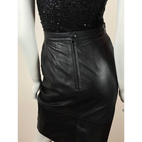 Vintage Womens Black Real Leather Pencil Skirt Minimalist Chic 90s - Picture 8 of 12